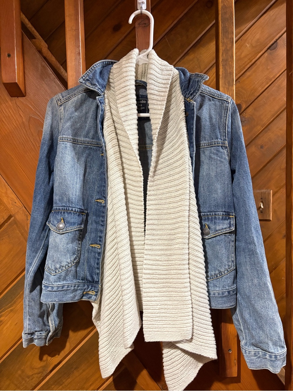 Abercrombie & Fitch Blue Denim Jacket with Cream Knit Scarf